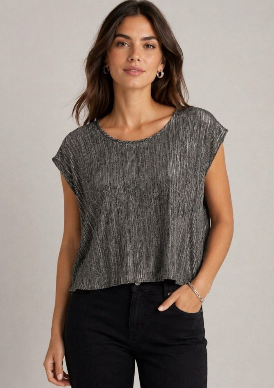 Relaxed Minimalist Eileen Fisher Boxy Silk Top Size M Black White Textured